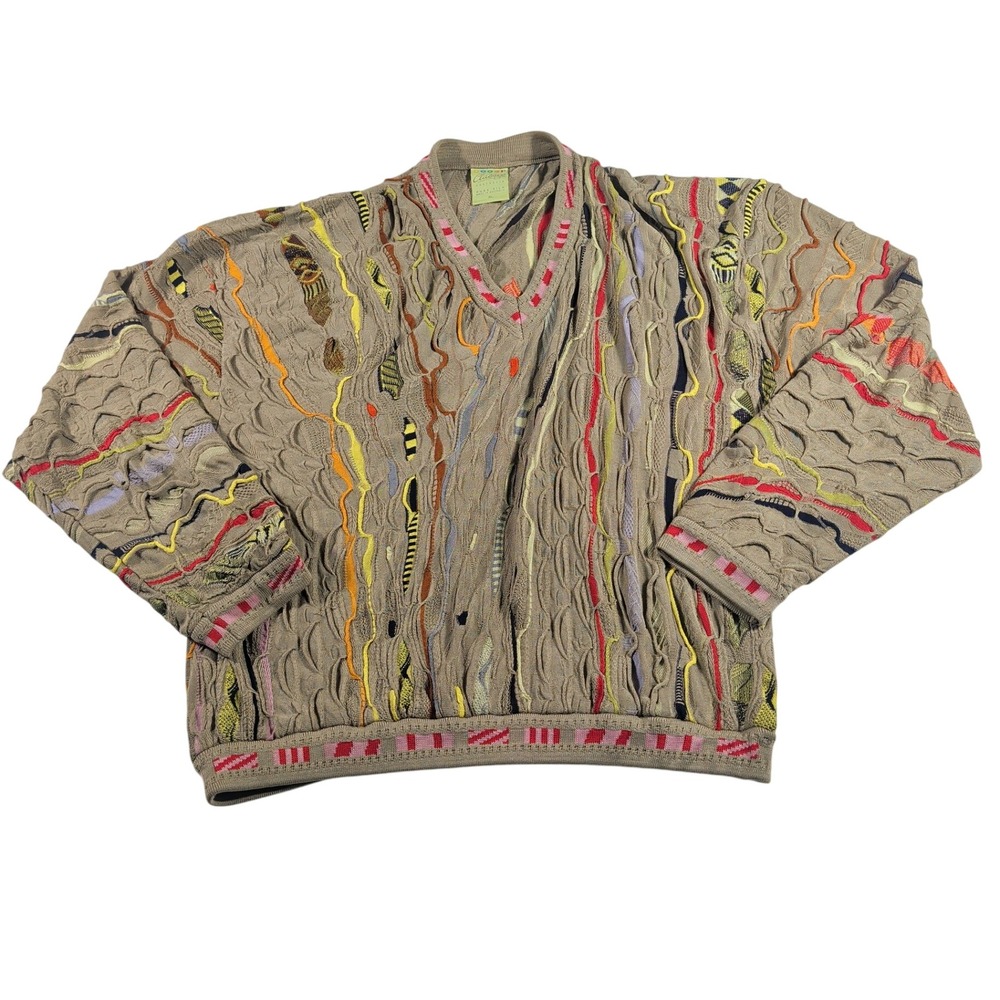Coogi Sweater Mens XL Tan Classic V-Neck 3D Knit 100% Silk Australia Vintage